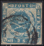 Denmark 1854-59 2sk Blue 3 Margins Fine Used. - Used Stamps
