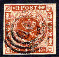 Denmark 1858 4sk Chestnut Fine Used Four Margins. - Used Stamps