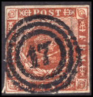 Denmark 1858 4s Deep Brown Fine Used Four Margins. Fredericia 17 Cancel. - Gebraucht