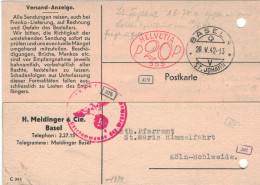 H. Meidinger & Cie Basel St. Johann 1942 Hasler Nr. 555 1942 > Köln Zensur OKW IA Orgel-Bau-Anstalt - Máquinas De Franquear