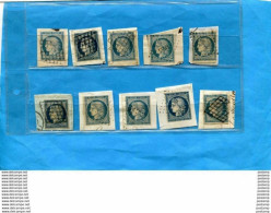 CERES N°4 -Lot De 10 Timbres-oblitérés Sur Véritables Fragments De Lettres-pour étude Types -teintes, Etc.. Cote 650 Eu - 1849-1850 Ceres