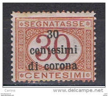 TRENTO  &  TRIESTE:  1919  TX. SOPRASTAMPATO  -  30 C./30 C. ARANCIO  E  CARMINIO  N. -  SASS. 4 - Trentin & Trieste