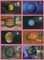 India, 2018 - 2019, Set Of 8 MAXIM CARDS On THE SOLAR SYSTEM, Stamped And WHITE Colour Cancellation, Planet, Space, A23 - Storia Postale