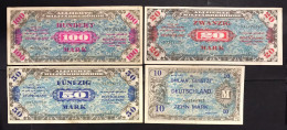 GERMANIA GERMANY ALLIED OCCUPATION WW2 10 + 20 + 50 + 100 MARK 1944 LOTTO 4215 - Collections