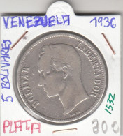 CR1532 MONEDA VENEZUELA 5 BOLIVARES 1936 PLATA MBC - Venezuela