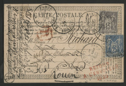 CARTE PRECURSEUR Recommandée N° 77 + 78 De Rouen En 1878 REPIQUAGE VERTICAL LA ROUENNAISE Voir Suite - Precursor Cards