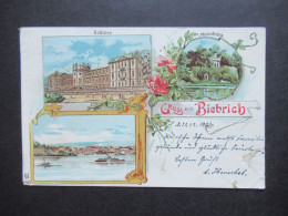 PK 1901 Litho Mehrbildkarte Gruss Aus Biebrich Mit Schloss Und Moosburg / Abs. Füsilier 2. Comp. Biebrich Nach Berlin - Gruss Aus.../ Gruesse Aus...