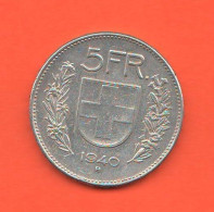 Svizzera 5 Francs 1940 Berna 5 Franchi Suisse Switzerland  Silver Coin - Autres & Non Classés