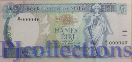 MALTA 5 LIRI 1989 PICK 42 UNC LOW SERIAL NUMBER "B/1 000046" - Malte