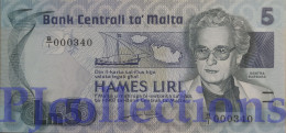 MALTA 5 LIRI 1986 PICK 38 UNC LOW SERIAL NUMBER "B/1 000340" - Malte