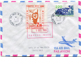 FRANCE LETTRE..... AVEC TIMBRE DE GREVE " BASTIA 2,20 " + CACHET COURRIER COMMERCIAL 5 DEC 1988 BASTIA-NICE ARRIVEE NICE - Documents