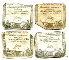 (4) Assignats 50 Sols, La Révolution, Loi 23 Mai 1793,  Séries 2838, 2841, 2854 & 2974, Ass-26a, Laf.150, P#A56 - Assignate