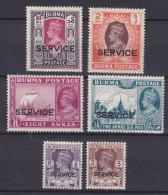 Burma Dienst Official Service Kolonialgovernment 1946 Mi. 28-29, 34, 36, 38, 40 GVI. Overprinted 'SERVICE', MNH** - Burma (...-1947)