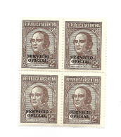 ARGENTINA 1938 REGULAR STAMPS OVERPRINTED OFFICIAL SERVICE SC O38 MI D32 BLOCK - Neufs