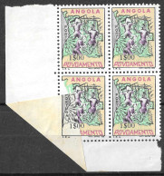 PORTUGAL ERROR VARIETY 1965  Postal Tax. Settlement. Angola Map BLOCK OF 4- FOLDED CORNER,PARTIAL BLACK COLOR Printing - Unused Stamps