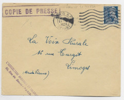 FRANCE MERCURE 50C BLEU SEUL LETTRE COPIE DE PRESSE MEC PARIS RP 1939 AU TARIF IMPRIME URGENT - 1938-42 Mercurio