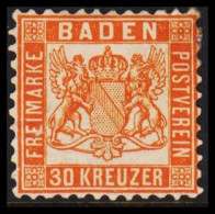 1862. BADEN. Wappen (Hintergrund Weiss.) 30 KREUZER 10x10 No Gum.  - JF534001 - Postfris