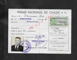 PERMIS NATIONAL DE CHASSE ILLUSTRÉE SUR TIMBRE FISCAUX DE ETOURNEAU RENÉ SAINT PHILBERT DU PONT CHARRAULT 1968 : - Chasse