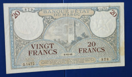 BANQUE D'ETAT DU  MAROC MOROCCO 20 FRANCS 1942 EXCELLENT ETAT RARE - Maroc