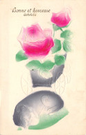 FLEURS - Illustration Non Signée - Roses Et Chien En Relief - Bonne Et Heureuse Année - Carte Postale Ancienne - Flowers
