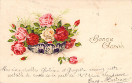 FLEURS - Illustration Non Signée - Roses - Bonne Année - Carte Postale Ancienne - Flores