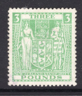 New Zealand 1940-58 Arms Type Fiscal Revenue - Mult. Wmk. - £3 Green Used (SG F208) - Light Crease - Postal Fiscal Stamps