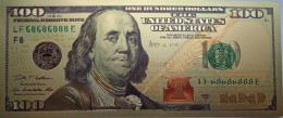 Billet Plaqué Or 24K Colorisé USA  100 Dollars Sceau Vert Série 2009 NEUF - Ficción & Especímenes