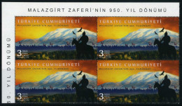 Türkiye 2021 Mi 4667 MNH Archer | Battle Of Malazgirt, 950th Anniv | Cavalry, Horse, Falcon, Flag, Pennant [Block Of 4] - Bogenschiessen