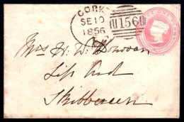 1856 Small 1d Pink P. Stationery Envelope To Skibbereen With A Superb English-type 4-3-4 Spoon CORK - Voorfilatelie