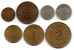 ICELAND, Set Of Seven 1,5,10,25,50 Aurar, 1,2 Kronur, Bronze, Copper-Nickel, Year 1953-71, KM # 8,9,10,11,17,12a,13a.1 - Iceland