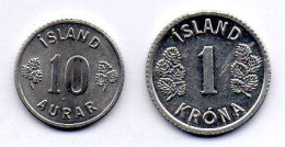ICELAND, Set Of Two Coins 10 Aurar, 1 Krona, Aluminum, Year 1971, 1977, KM # 10a, 23 - Iceland