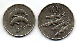 ICELAND, Set Of Two Coins 5, 10 Kronur, Copper-Nickel, Year 1984, KM # 28, 29.1 - IJsland