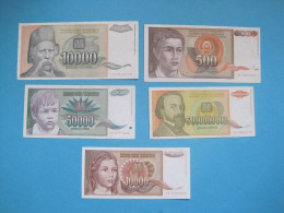 Yugoslavia Lot 5 Banknotes 1991, 92, 93 - Yougoslavie