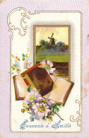 Bouquet De Fleurs - Livre Et Paysage - Souvenir D'Amitié - Carte Postale Ancienne - Arbres