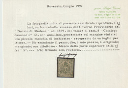 Italia 1859 Ducato Di Modena Cent 5 Nuovo,Certificato Gazzi, - Modena