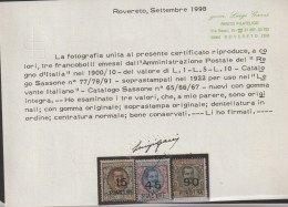 Italia 1922 Levante  3 Valori Nuovi Certificato Gazzi, - Emissioni Generali