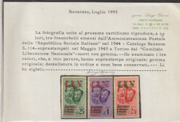 Italia 1945 CLN Torino Fratelli Bandiera Soprastampati C.L.N. Certificato Gazzi MNH, - Centraal Comité Van Het Nationaal Verzet (CLN)