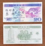 China BOC (bank Of China) Training/test Banknote,Macao,Macau Banco Da China 20 Patacas Note Specimen Overprint - Macao
