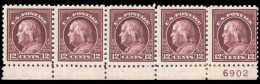 USA 1916 12c Claret-brown In Fine Plate Strip Of 5 Perf 10 No Wmk. Unmounted Mint (plate Single Is Hinged). - Ongebruikt