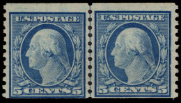 USA 1919 5c Blue Coil Small Holes Variety (Scott 496a) Joint Line Pair Fine Unmounted Mint. - Ongebruikt