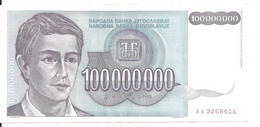 YOUGOSLAVIE 100 MILLION DINARA 1993 VF+ P 124 - Yougoslavie