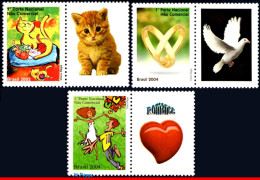 Ref. BR-2913-15 BRAZIL 2004 - CATS, NOVEL, RINGS, DOVE,HEART,STAMPS PERSONALIZED MNH, ANIMALS, FAUNA 3V Sc# 2913-2915 - Personalisiert