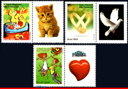 Ref. BR-2913-15 BRAZIL 2004 - CATS, NOVEL, RINGS, DOVE,HEART,STAMPS PERSONALIZED MNH, ANIMALS, FAUNA 3V Sc# 2913-2915 - Gepersonaliseerde Postzegels