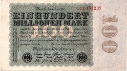 ALLEMAGNE / GERMANY / N° 107 Billet De 100 Millionen Mark Du 22.8.1923. Noir Sur Fond Bleu-vert Et Olive-brun. Série 14 - 100 Mio. Mark