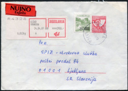 YUGOSLAVIA 1988 Posthorn 220 D.envelope Registered With Additional Franking And Express Label (Slovene).  Michel U83 - Postal Stationery