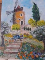 Tableau - Huile Sur Toile Provence Moulin Charrette - Huiles