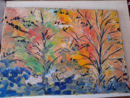 Tableau - Huile Sur Toile Très Colorée à Identifier Branches Feuilles - Non Signée - Huiles