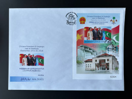 Maldives 2015 Mi. Bl. 810 FDC Chinese President Xi Jinping Visit 2014 Silk Seide Soie Drapeau Fahne Flag China Chine - Maldiven (1965-...)