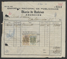 Portugal Timbre Fiscale Perforé DN Diario De Noticias Publicité Journal 1936 Perfin DN Revenue Stamp Newspaper Pub - Cartas & Documentos