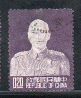 CHINA REPUBLIC CINA TAIWAN FORMOSA 1953 CHIANG KAI-SHEK PRESIDENT 20c USED USATO OBLITERE' - Usati